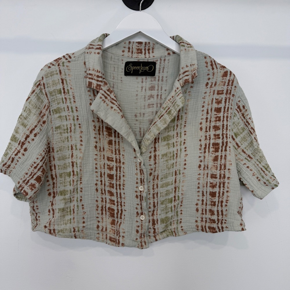 Spoon Jean 1X Cotton Gauze Cropped Button Up Shirt Top Abstract Sage Boho Earthy